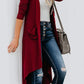 Knitted Solid Lapel Long Sleeves Paneled Pockets Slit Cardigan