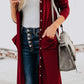 Knitted Solid Lapel Long Sleeves Paneled Pockets Slit Cardigan