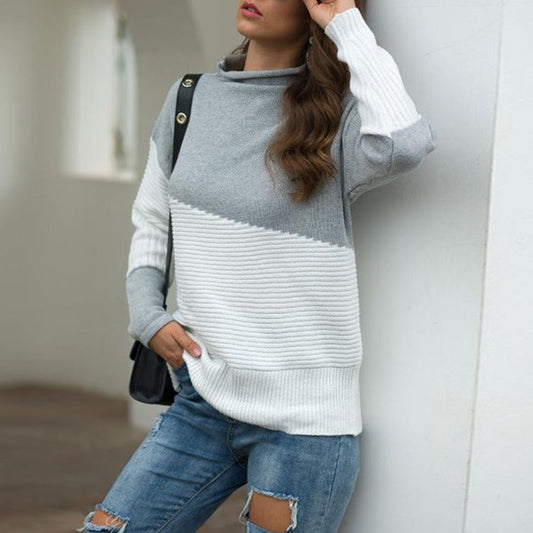 Color Block Patchwork High Neck Winter Women's Pullover Sweater