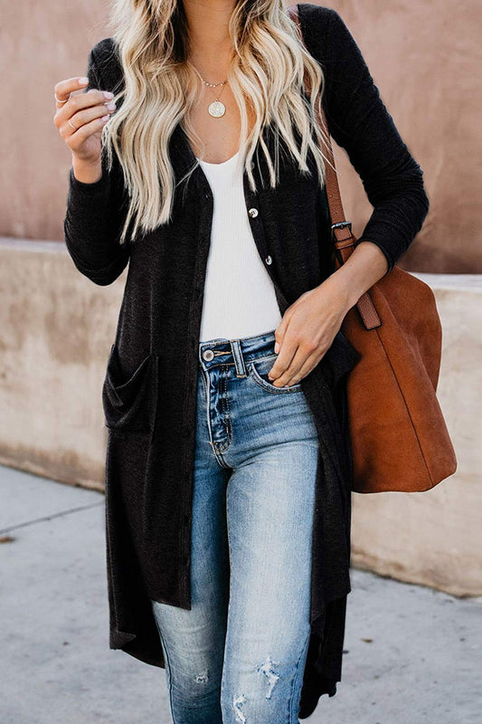 Knitted Solid Lapel Long Sleeves Paneled Pockets Slit Cardigan