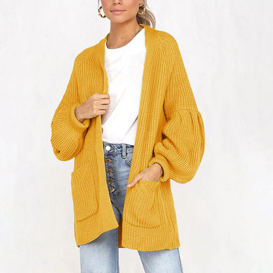 Lantern Sleeve Solid Color Pocket Cardigan