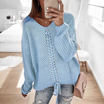 Eyelet Lace-up Knitt Casual Sweater