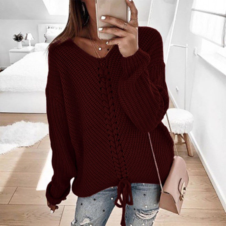 Eyelet Lace-up Knitt Casual Sweater