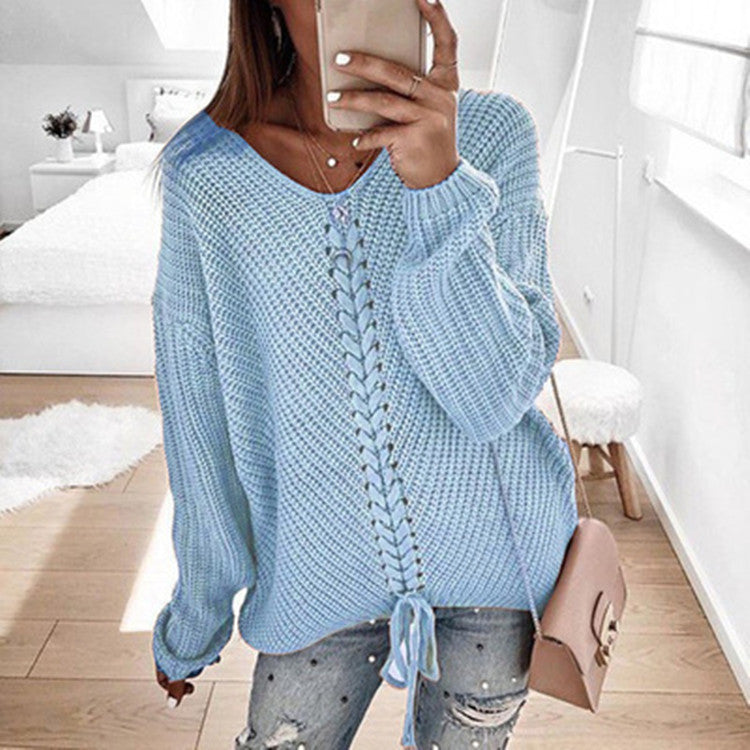 Eyelet Lace-up Knitt Casual Sweater
