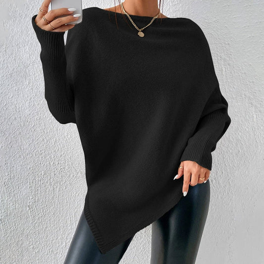 Plain Black Boat Neck Long Sleeve Sweater