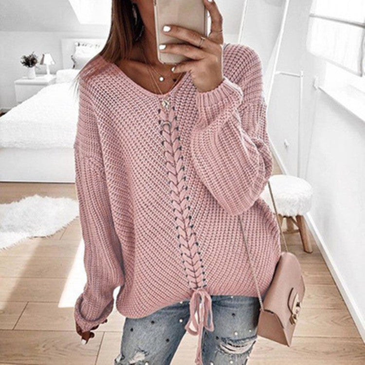 Eyelet Lace-up Knitt Casual Sweater