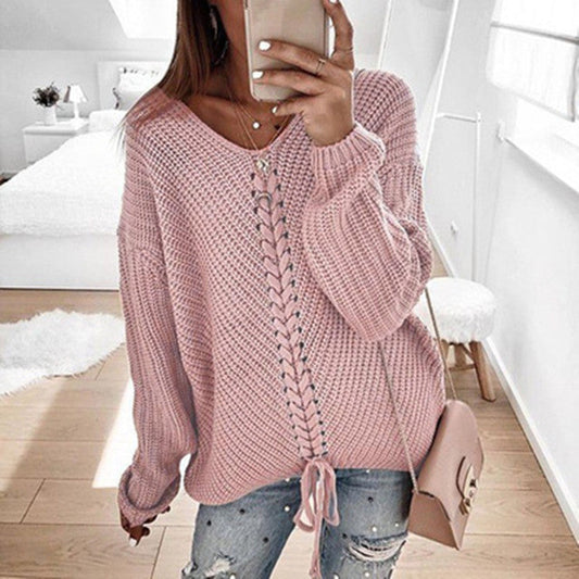Eyelet Lace-up Knitt Casual Sweater