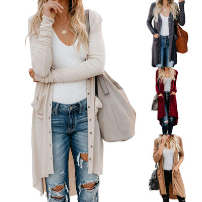 Knitted Solid Lapel Long Sleeves Paneled Pockets Slit Cardigan