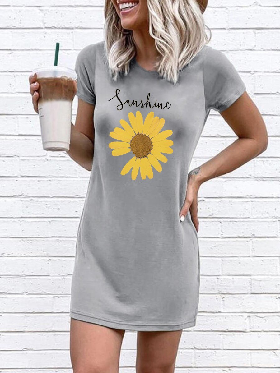 Sunshine Sunflower O-Neck Mini Dress