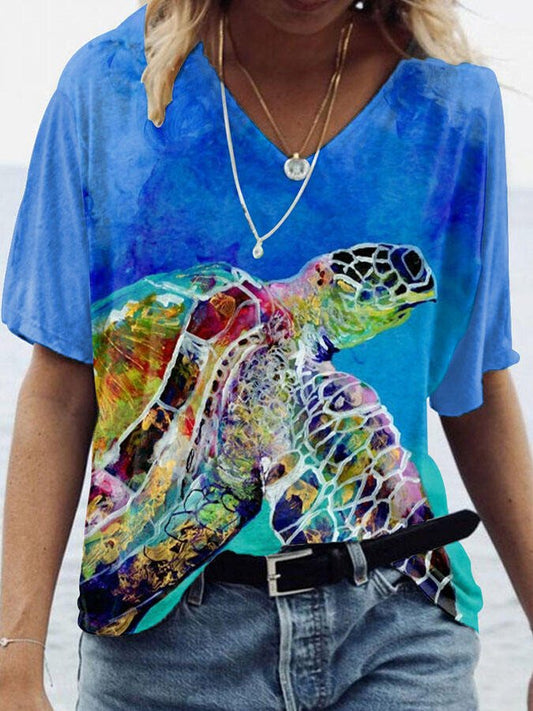 V-Neck Turtle Print T-Shirt