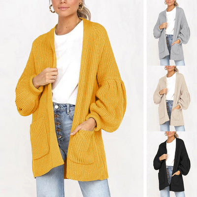 Lantern Sleeve Solid Color Pocket Cardigan