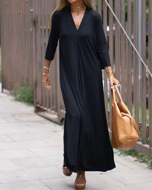V-Neck Long Sleeve Loose Solid Color Dress