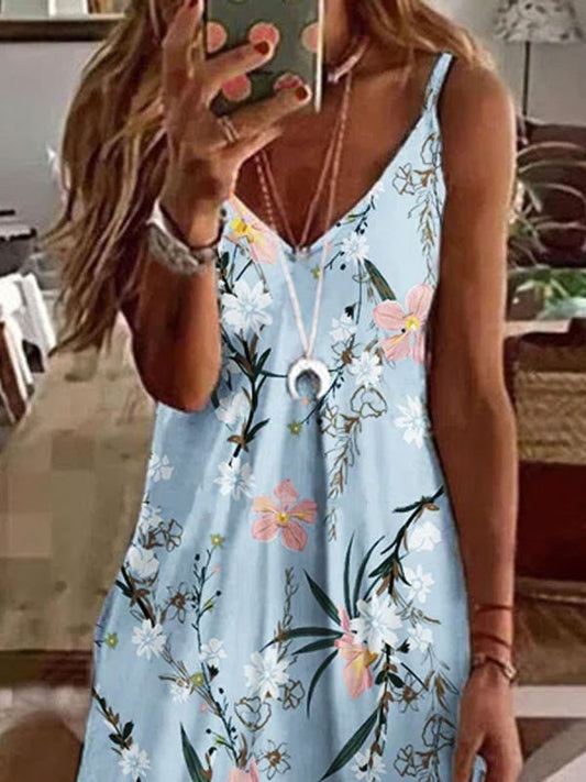 V-neck Casual Loose Floral Print Sleeveless Short Dress