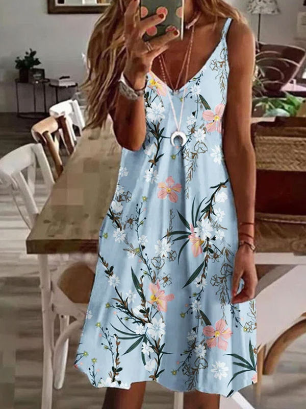 V-neck Casual Loose Floral Print Sleeveless Short Dress