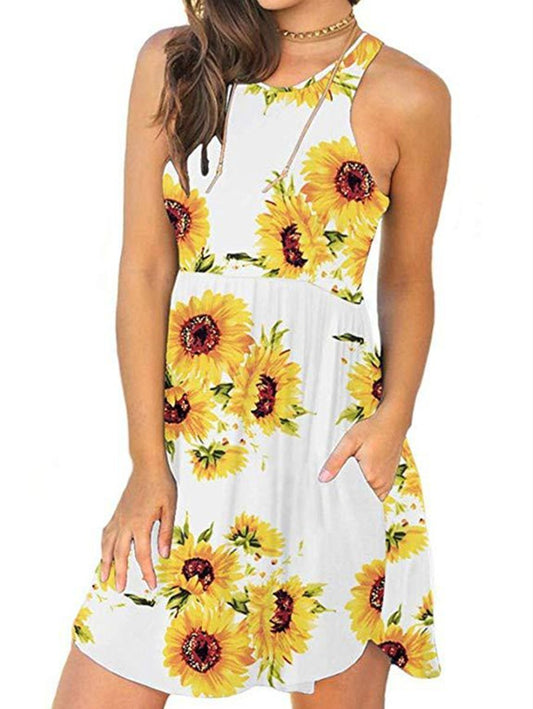 Sunflower Print Round Neck Pocket Dress