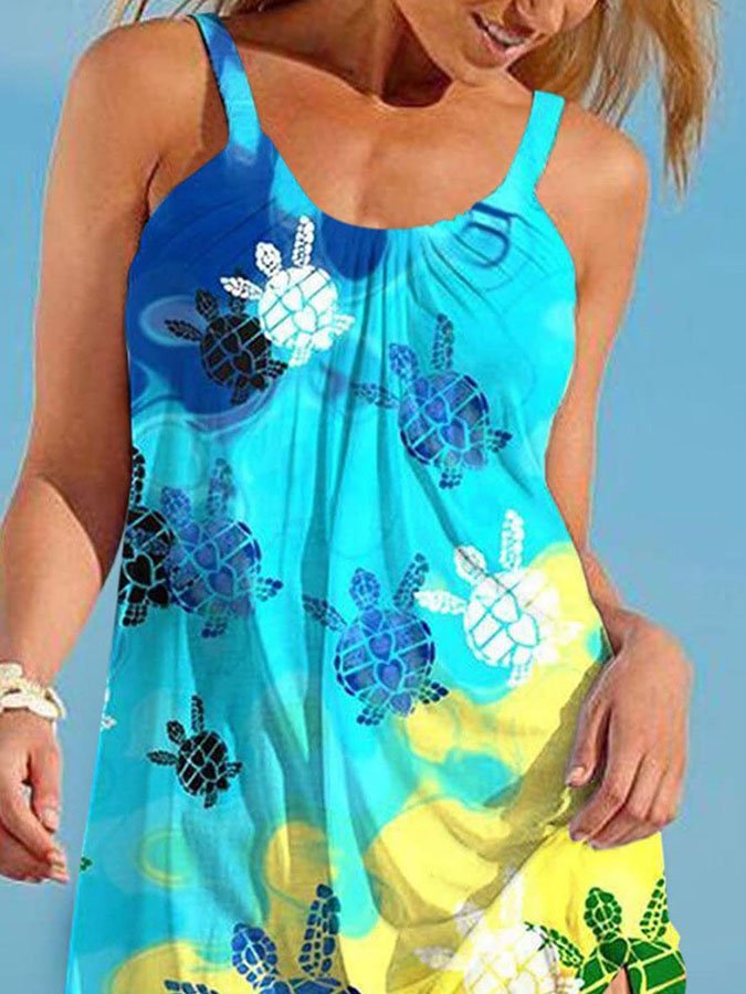 Fashion Crew Neck Sleeveless Turtle Print Dress