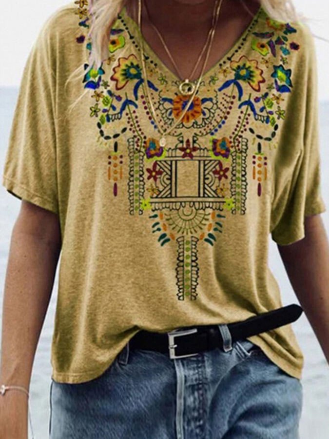 Ladies Spring/Summer V-Neck Ethnic Print Short Sleeve T-Shirt