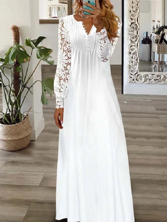 Casual Paneled Lace Long-Sleeved Dress