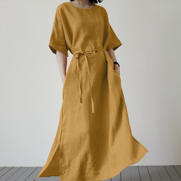 Leisure Round Neck Solid Color Cotton  Dress