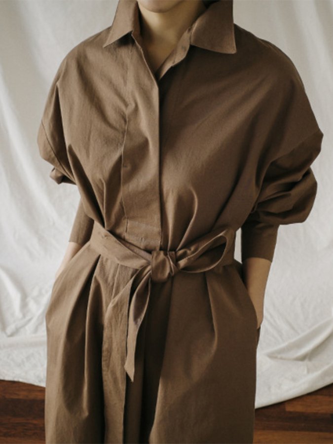 Women's Cotton Linen Loose Long Sleeve Shirt Dress