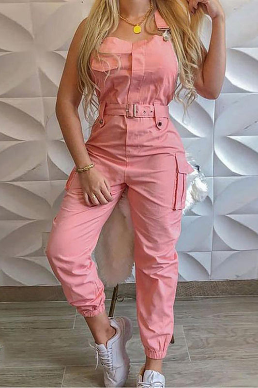 Pocket Buckle Design Cargo Suspender Jumpsuit