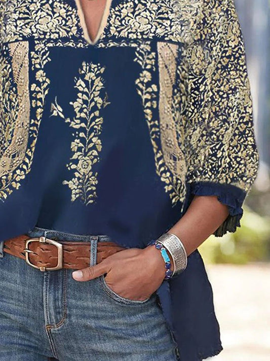 Vintage Ethnic Floral 3/4 Sleeve T-Shirt