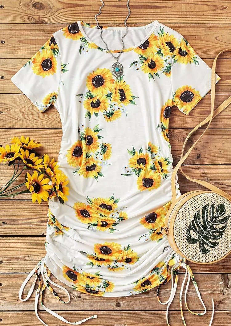 Sunflower O-Neck Tight Dress-White