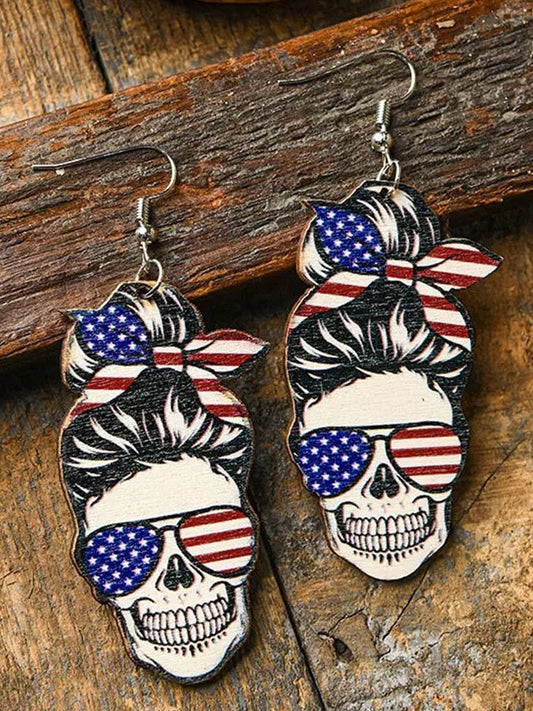 Women's Skull Earrings Tie Dye Baseball Softball Wooden Earrings