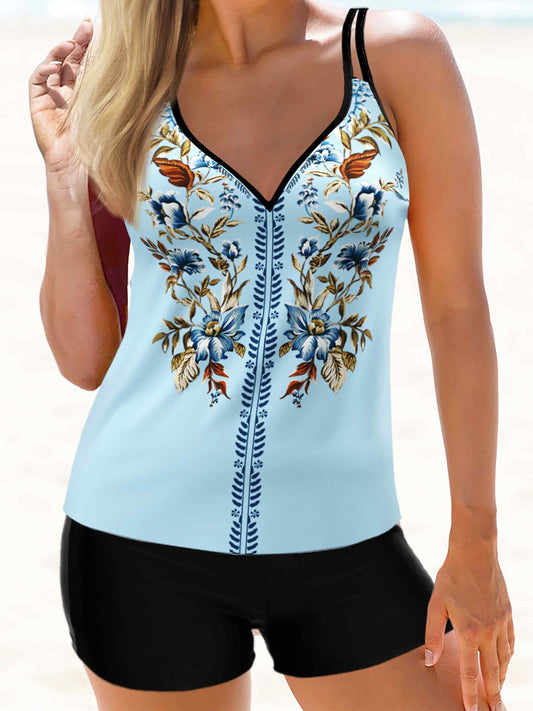 Tribal Print V Neck Light Blue Tankini Set