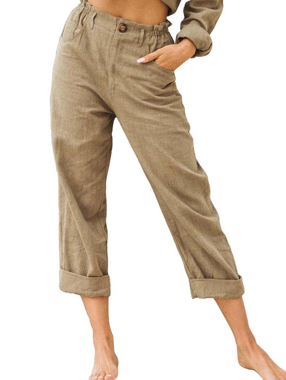 Plus Size Cotton Linen Solid Pocket Pants