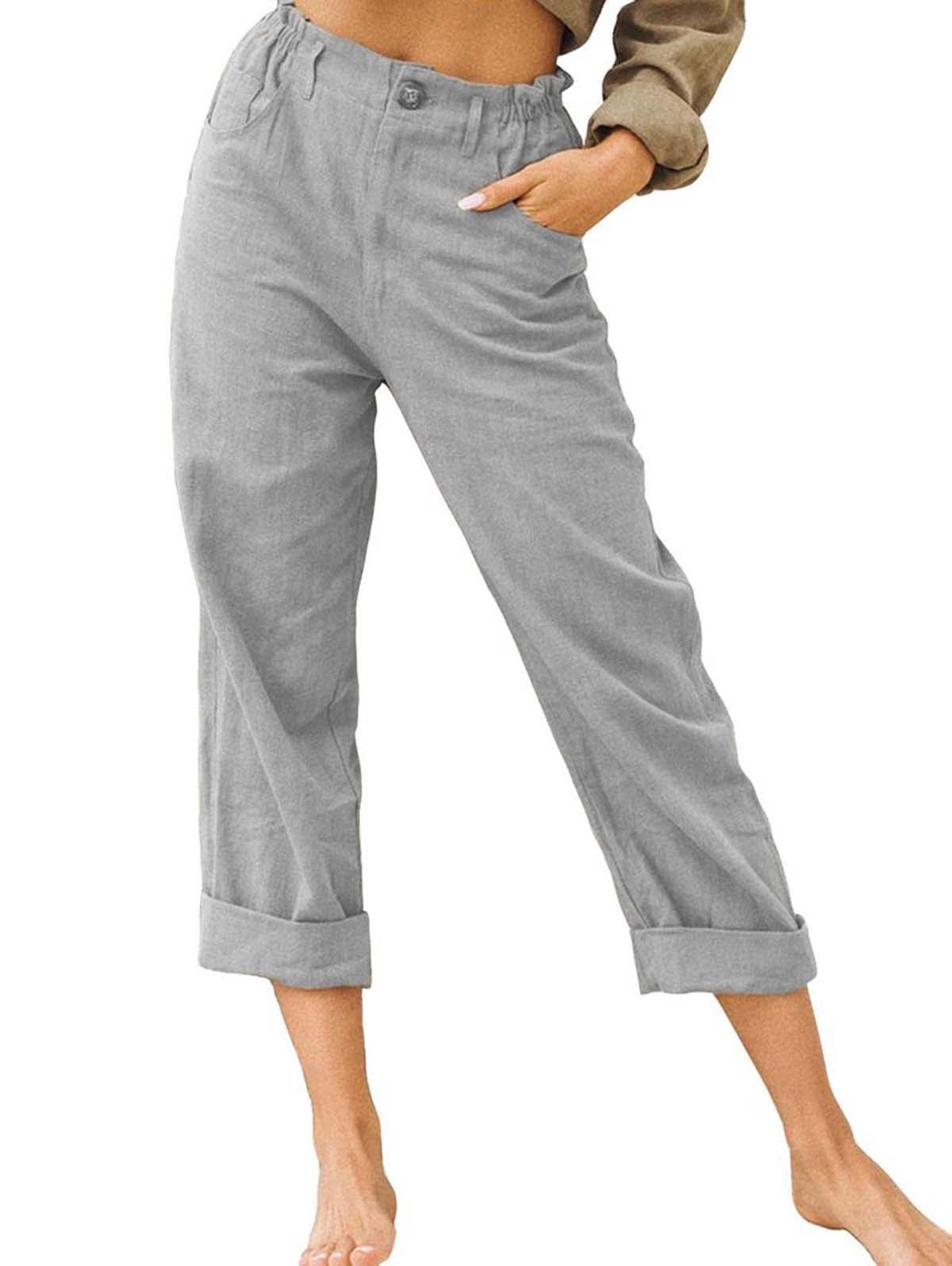 Plus Size Cotton Linen Solid Pocket Pants