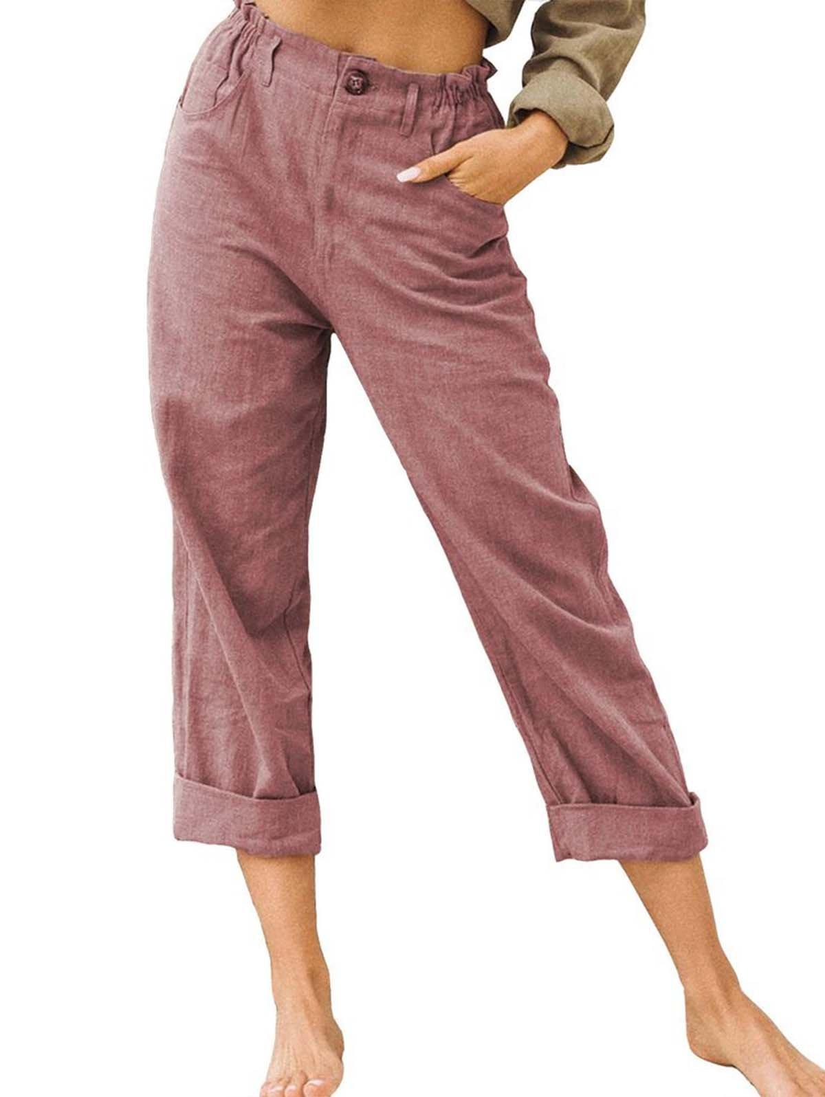 Plus Size Cotton Linen Solid Pocket Pants