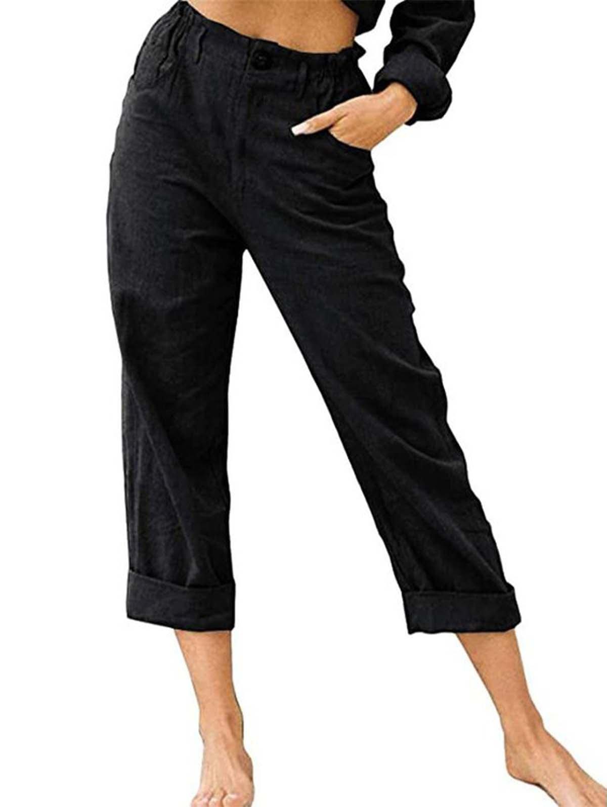 Plus Size Cotton Linen Solid Pocket Pants