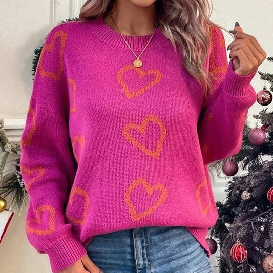 Rose Red Print Round Neck Sweater