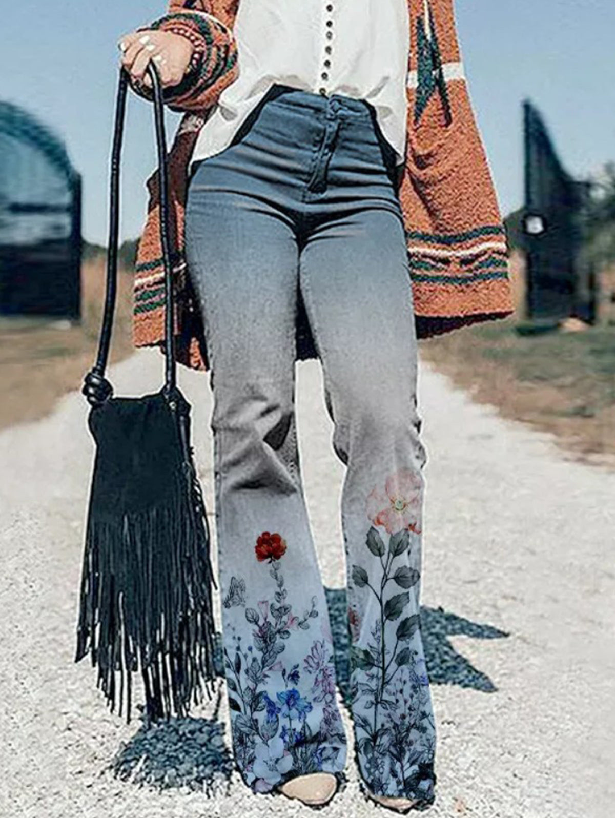 Casual Floral Wide Leg Jeans