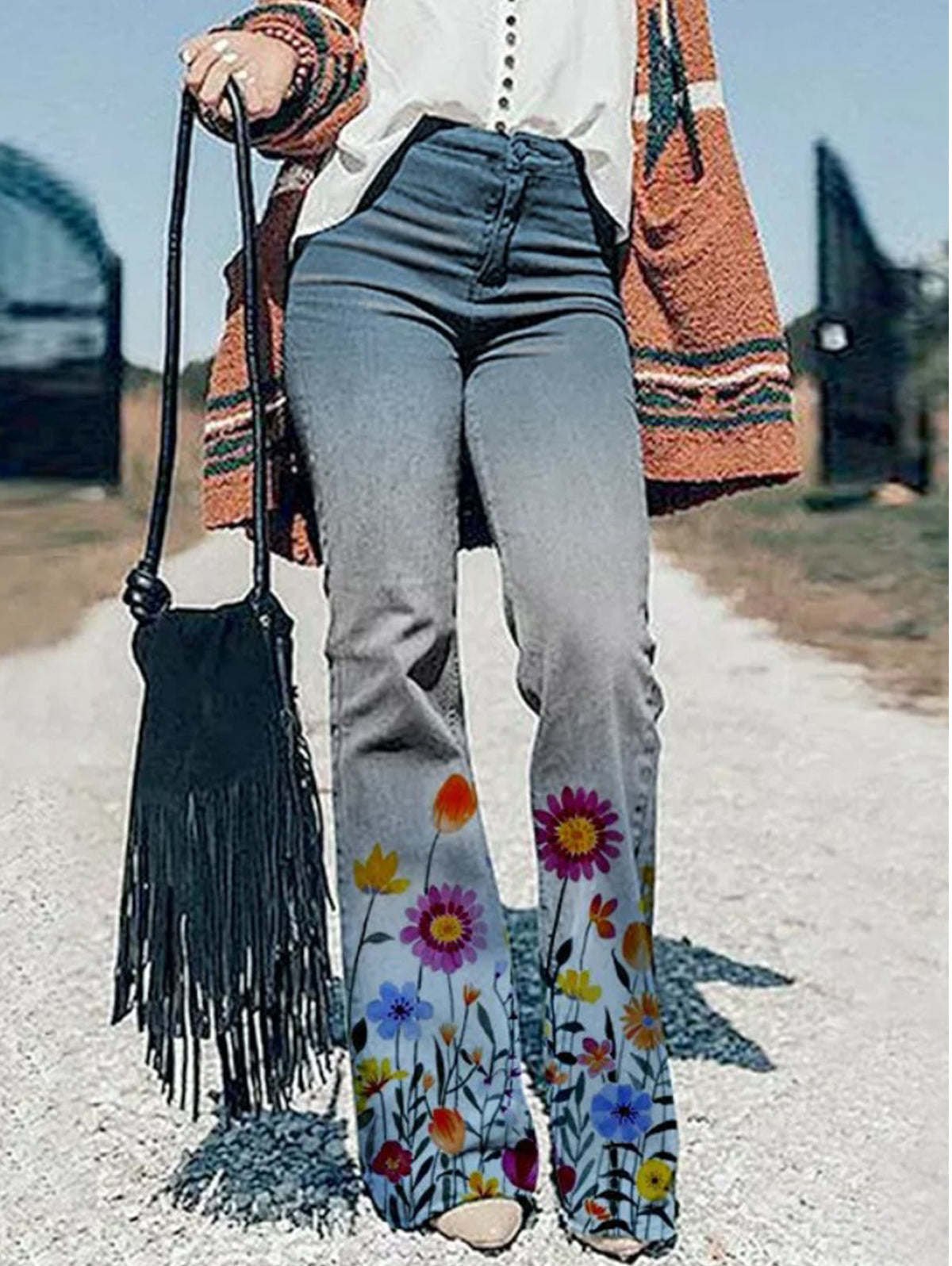 Casual Floral Wide Leg Jeans