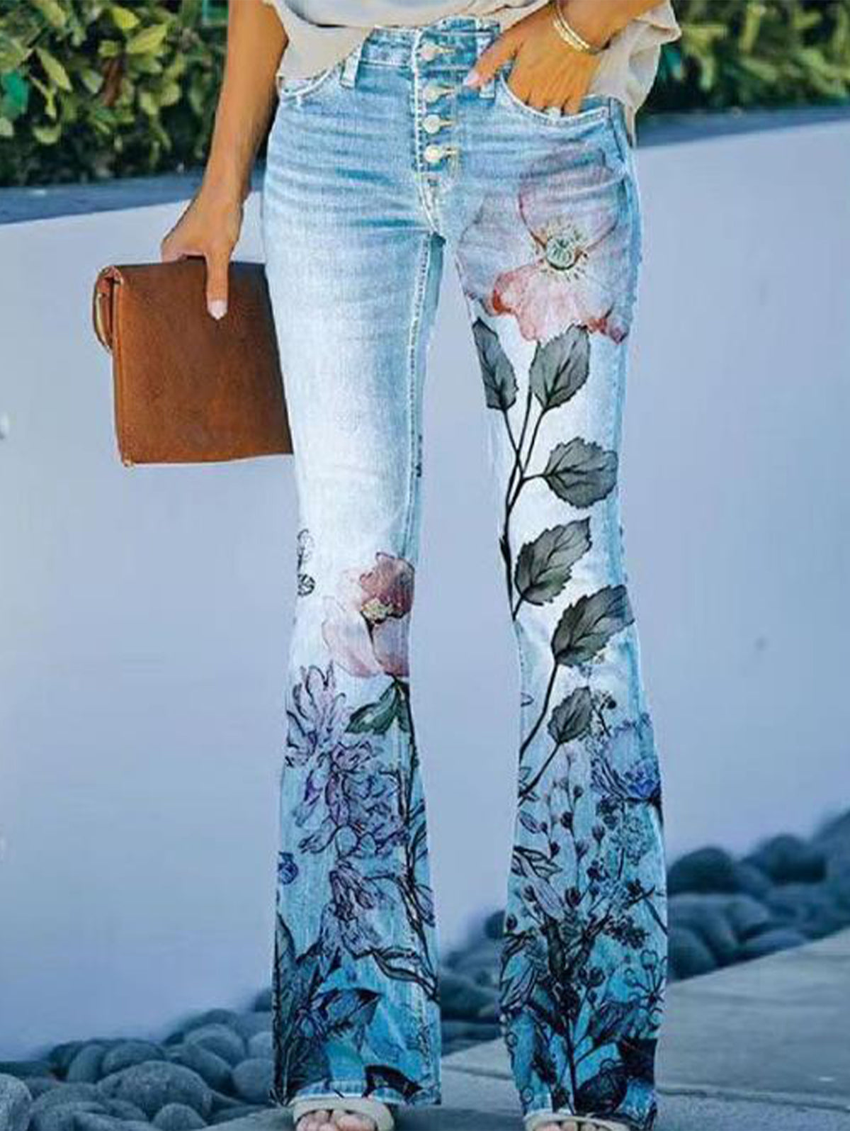 Buttoned High-rise Floral Flared Leg Jeans