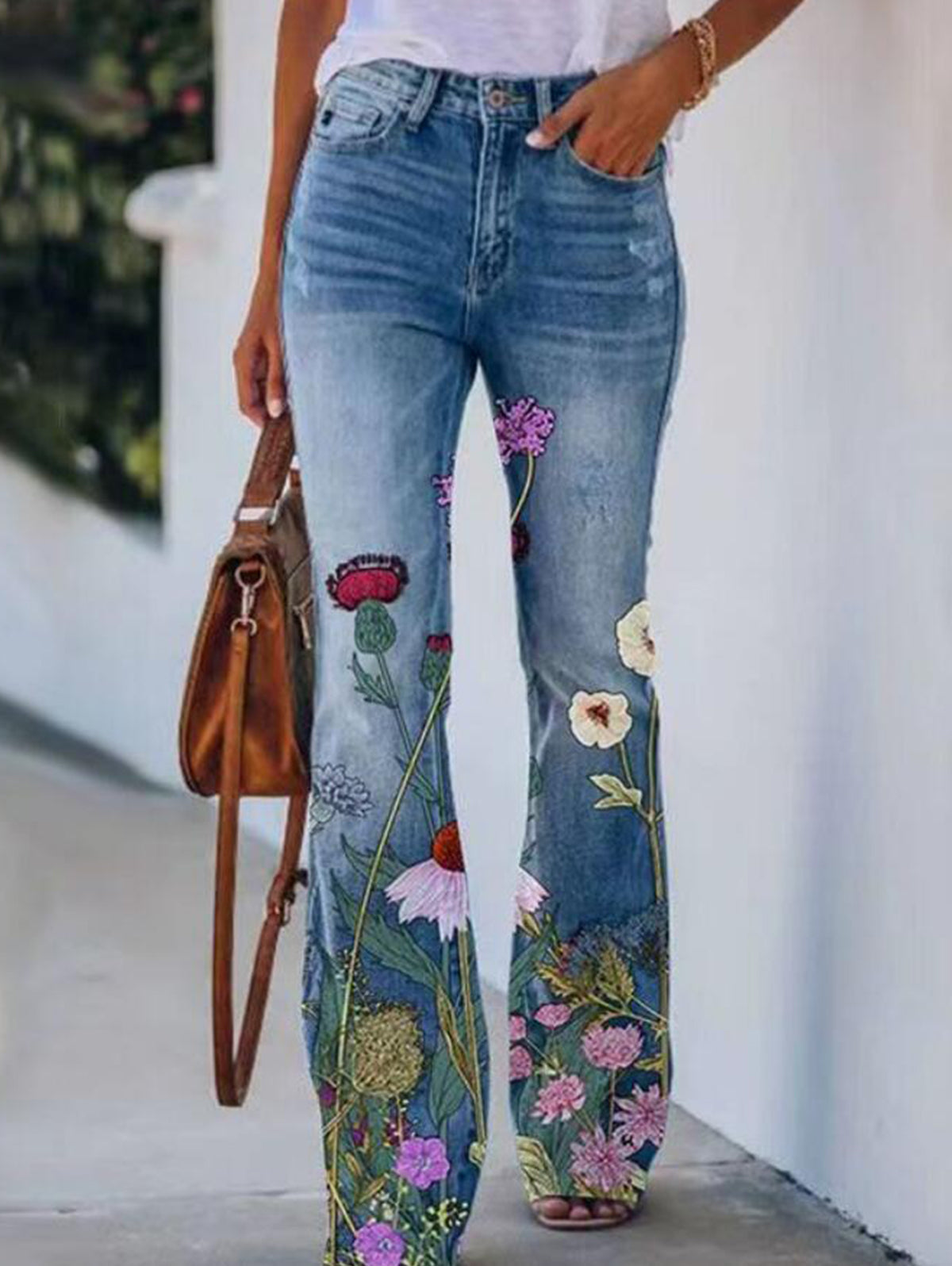 Retro Floral High Waisted Flare Leg  Jeans