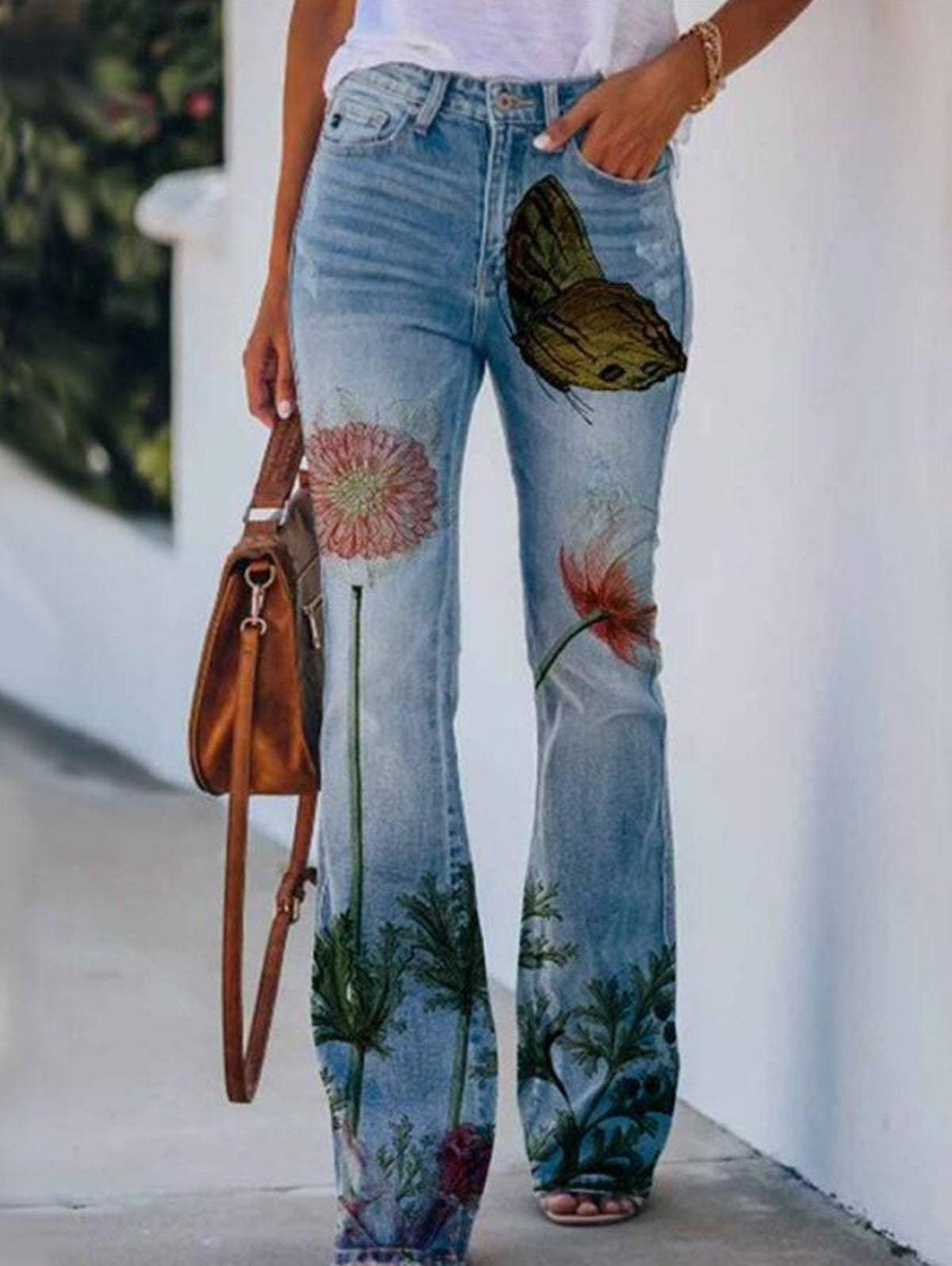 Retro Floral High Waisted Flare Leg  Jeans