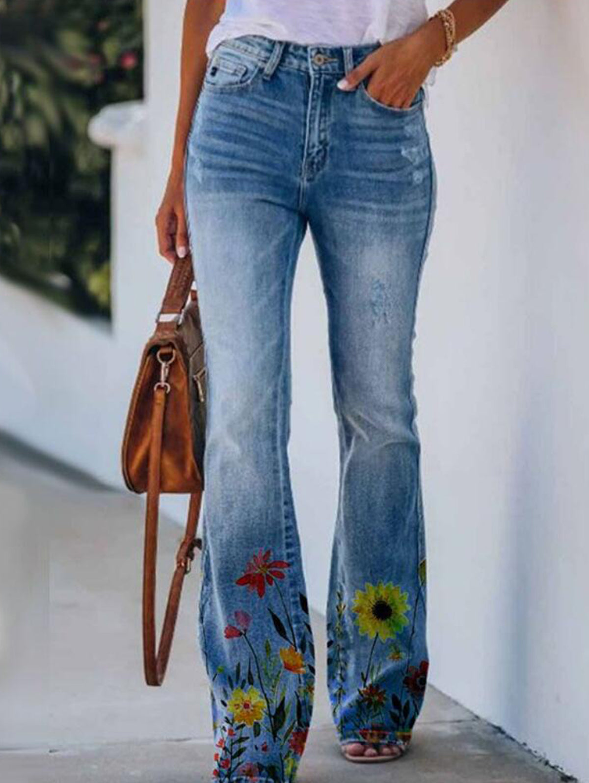 Retro Floral High Waisted Flare Leg  Jeans