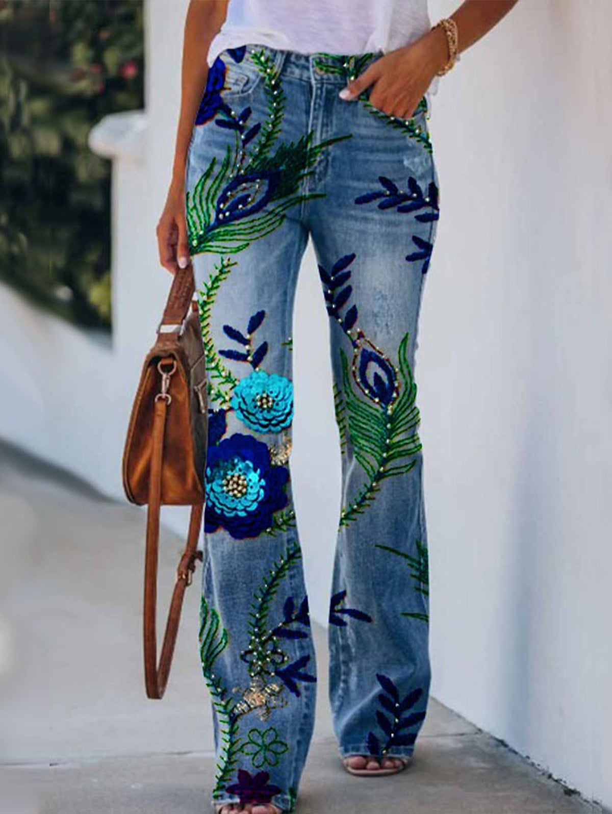 Peacock Feather Graphic Flare Leg Jeans