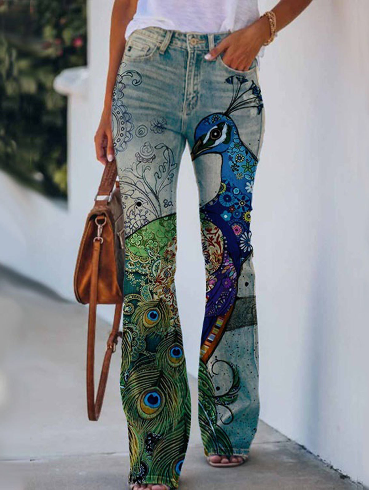 Peacock Feather Graphic Flare Leg Jeans