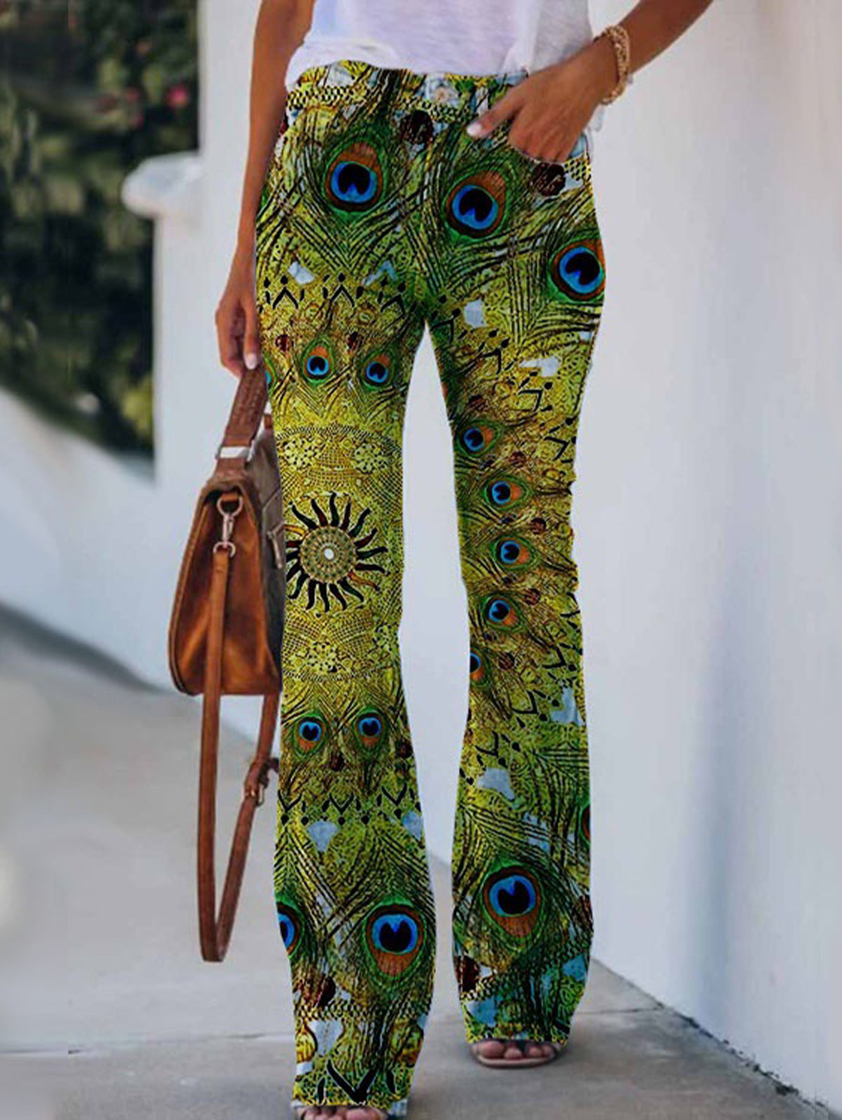 Peacock Feather Graphic Flare Leg Jeans