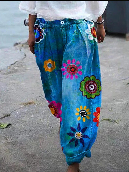 Floral Pattern Wide Leg Elastic Pants