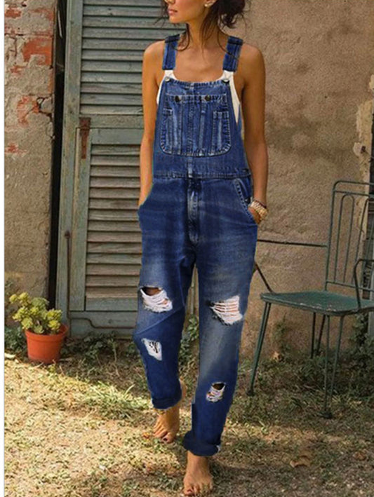 Ladies Casual Ripped Pocket Front Denim Overall