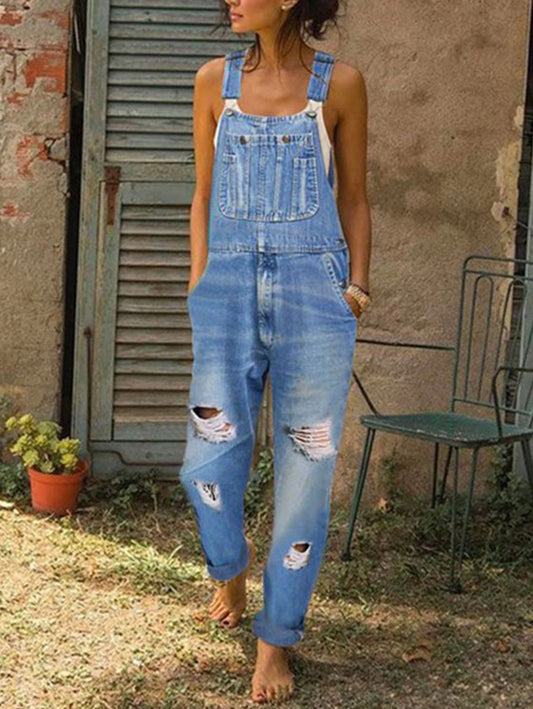 Ladies Casual Ripped Pocket Front Denim Overall