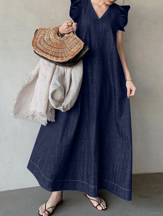 Dressy Oversized V-neck Ruffled Sleeve Denim Dress