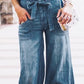 Vintage Lace-up Washed Denim Wide Leg Pants