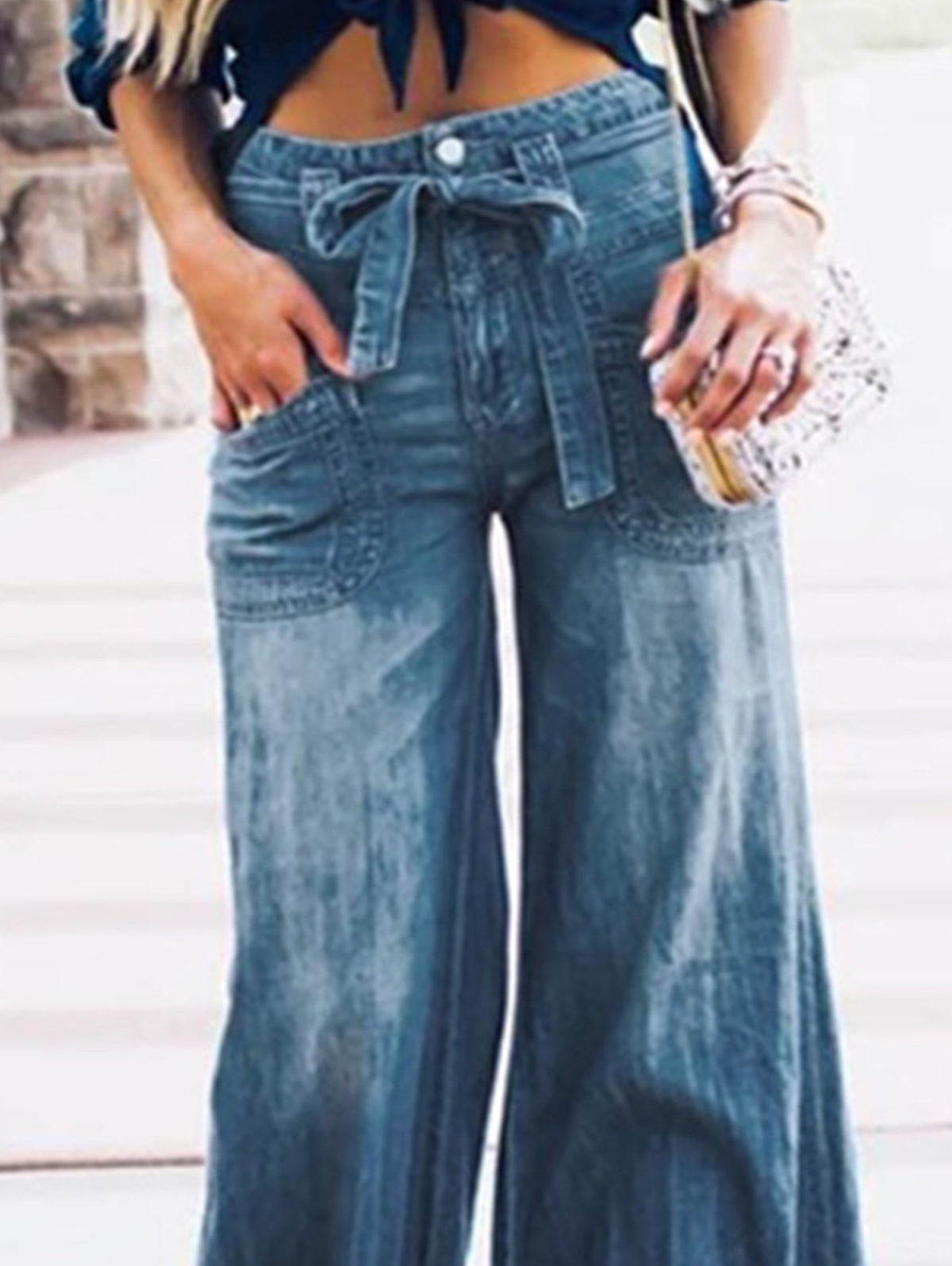 Vintage Lace-up Washed Denim Wide Leg Pants