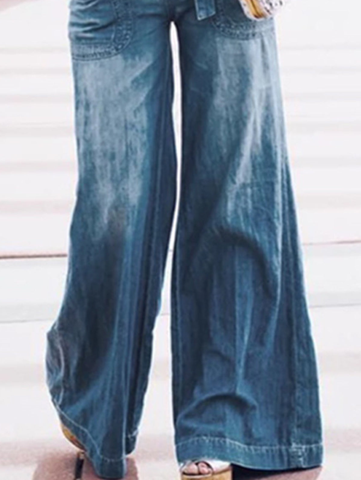 Vintage Lace-up Washed Denim Wide Leg Pants